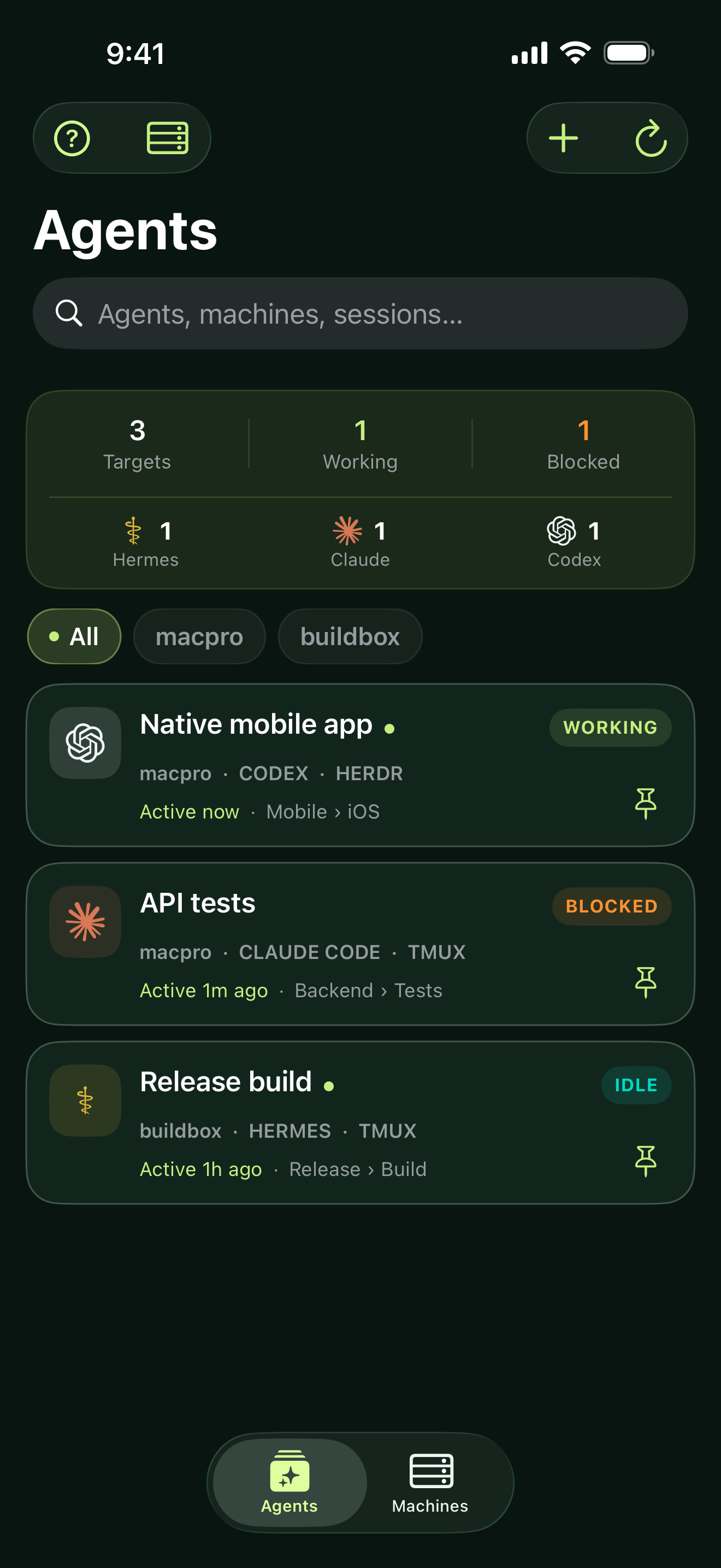 AgentPanes on iPhone showing Claude Code, Codex and Hermes agent cards across machines, with pin controls.