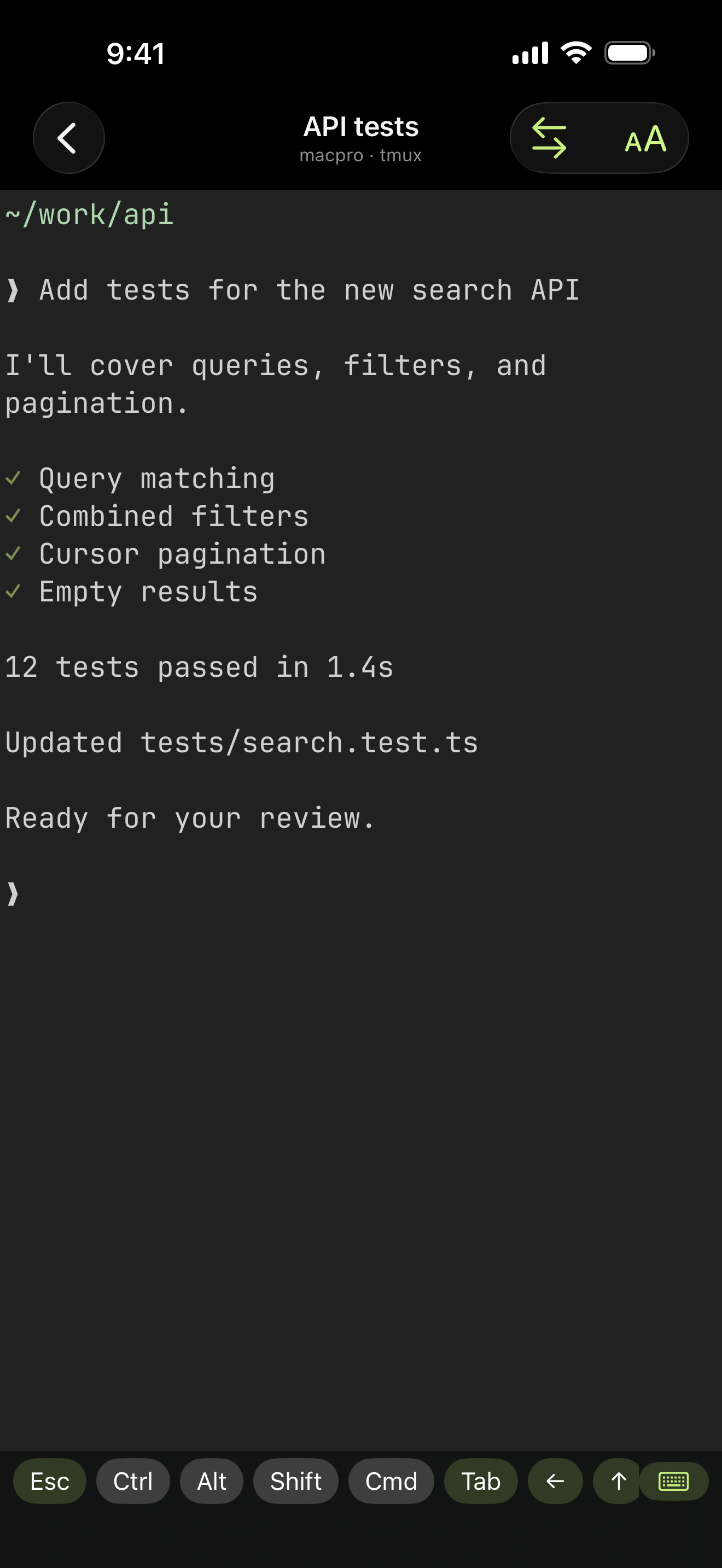 A focused tmux pane on iPhone, with agent switching, text-size controls and a terminal keyboard bar.